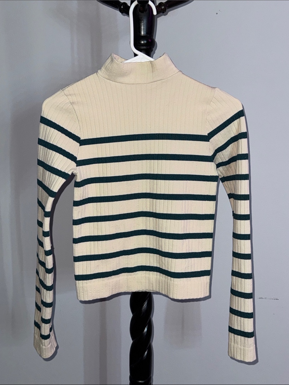 Cotton Candy Cream and Forest Green Striped Mock Neck Ribbed Long Sleeve Top m.b
